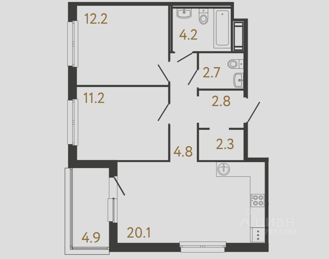 2-комн.кв., 60,3 м², 10/12 этаж