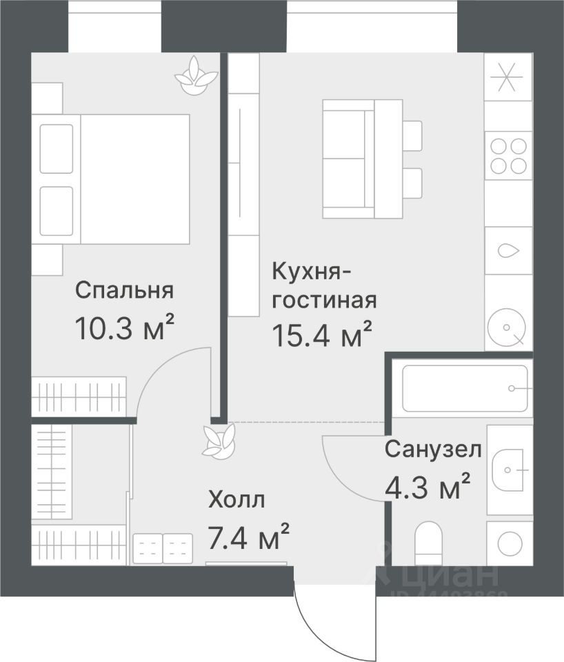 1-комн.кв., 37,4 м², 2/14 этаж