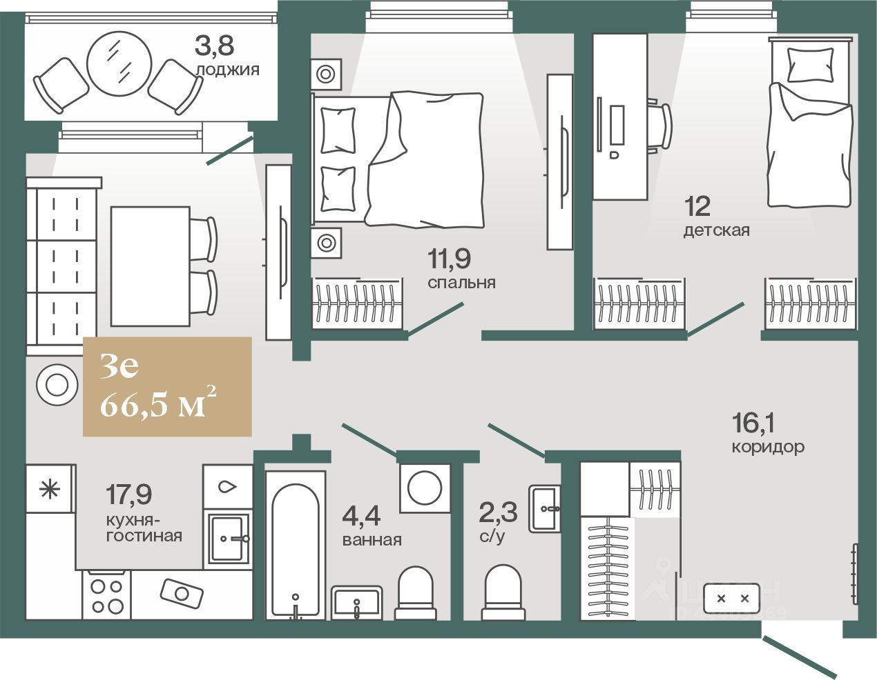 2-комн.кв., 66,5 м², 3/4 этаж