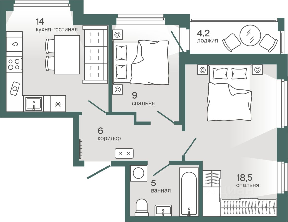 2-комн.кв., 54,6 м², 3/4 этаж