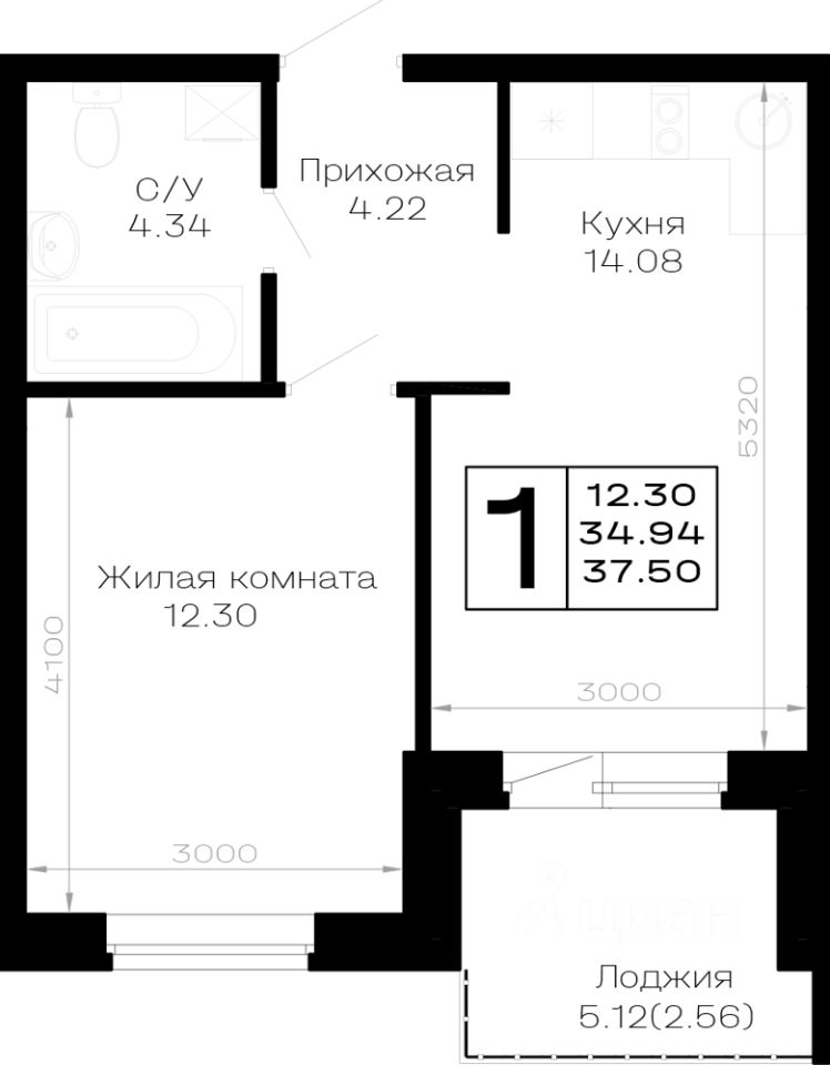 1-комн.кв., 37,5 м², 2/4 этаж