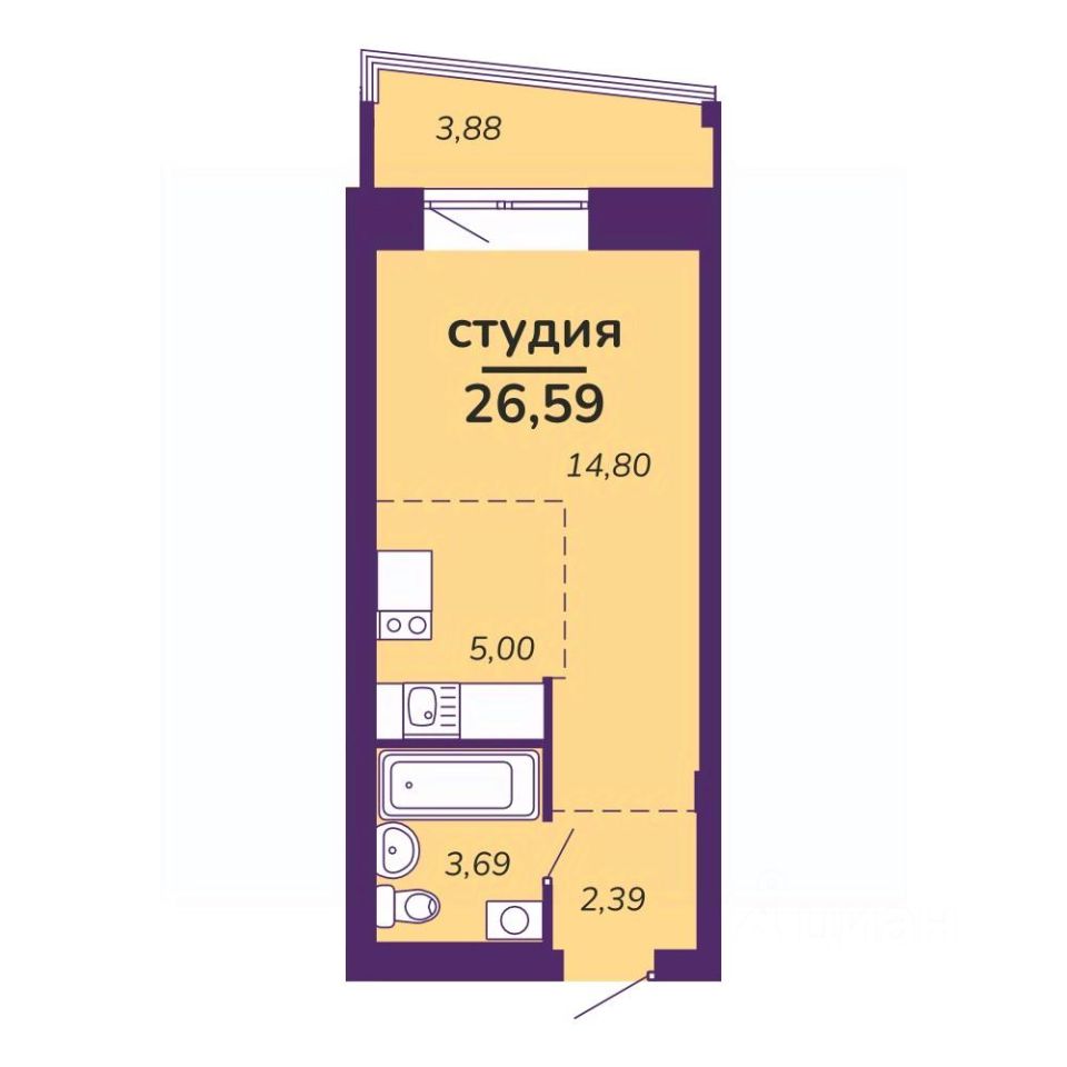 Студия, 26,6 м², 1/9 этаж