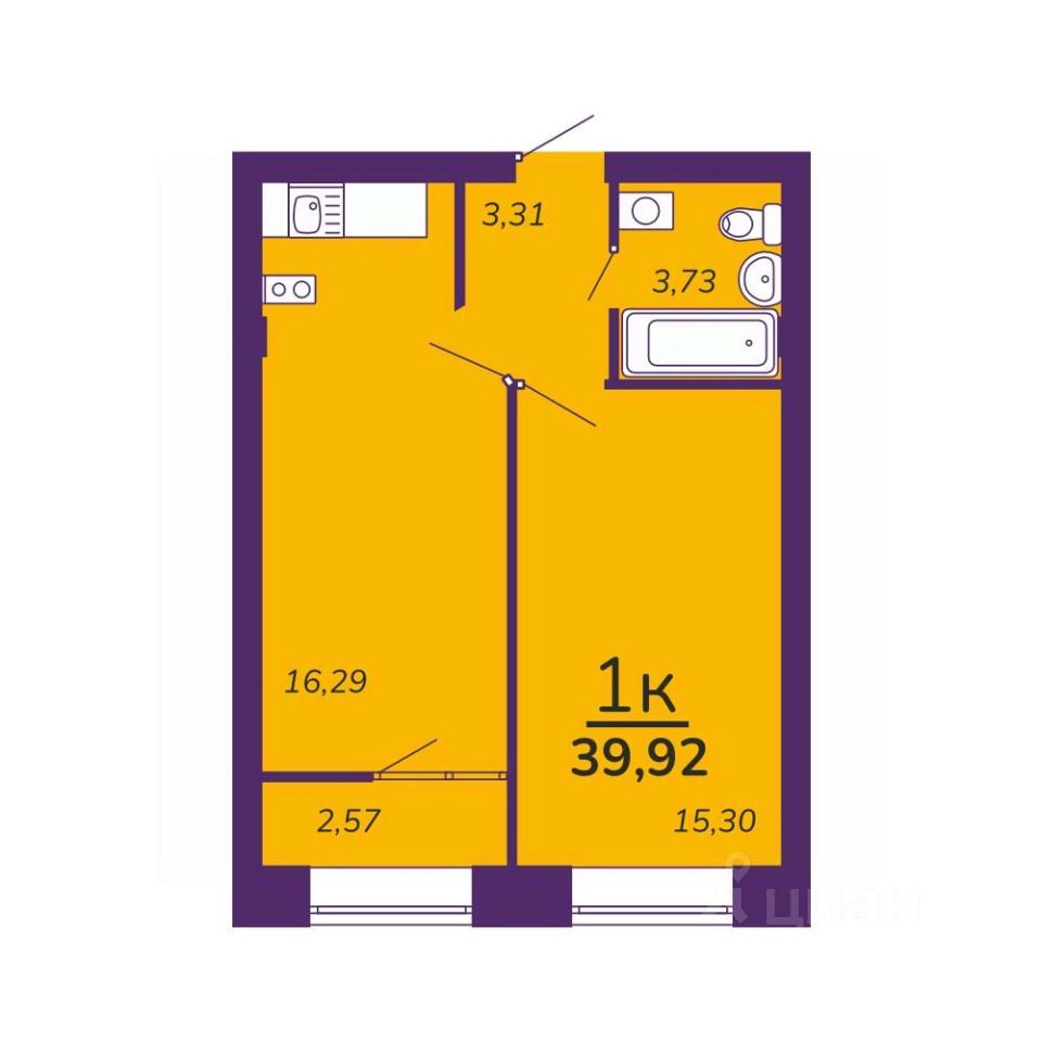 1-комн.кв., 39,9 м², 8/9 этаж
