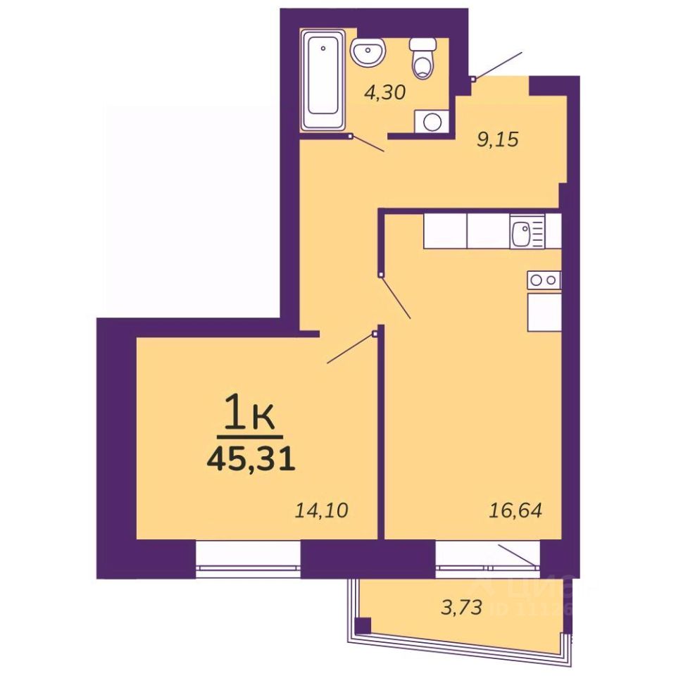 1-комн.кв., 45,3 м², 8/9 этаж