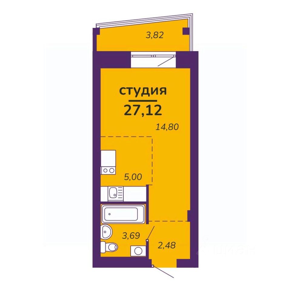 Студия, 27,1 м², 2/9 этаж