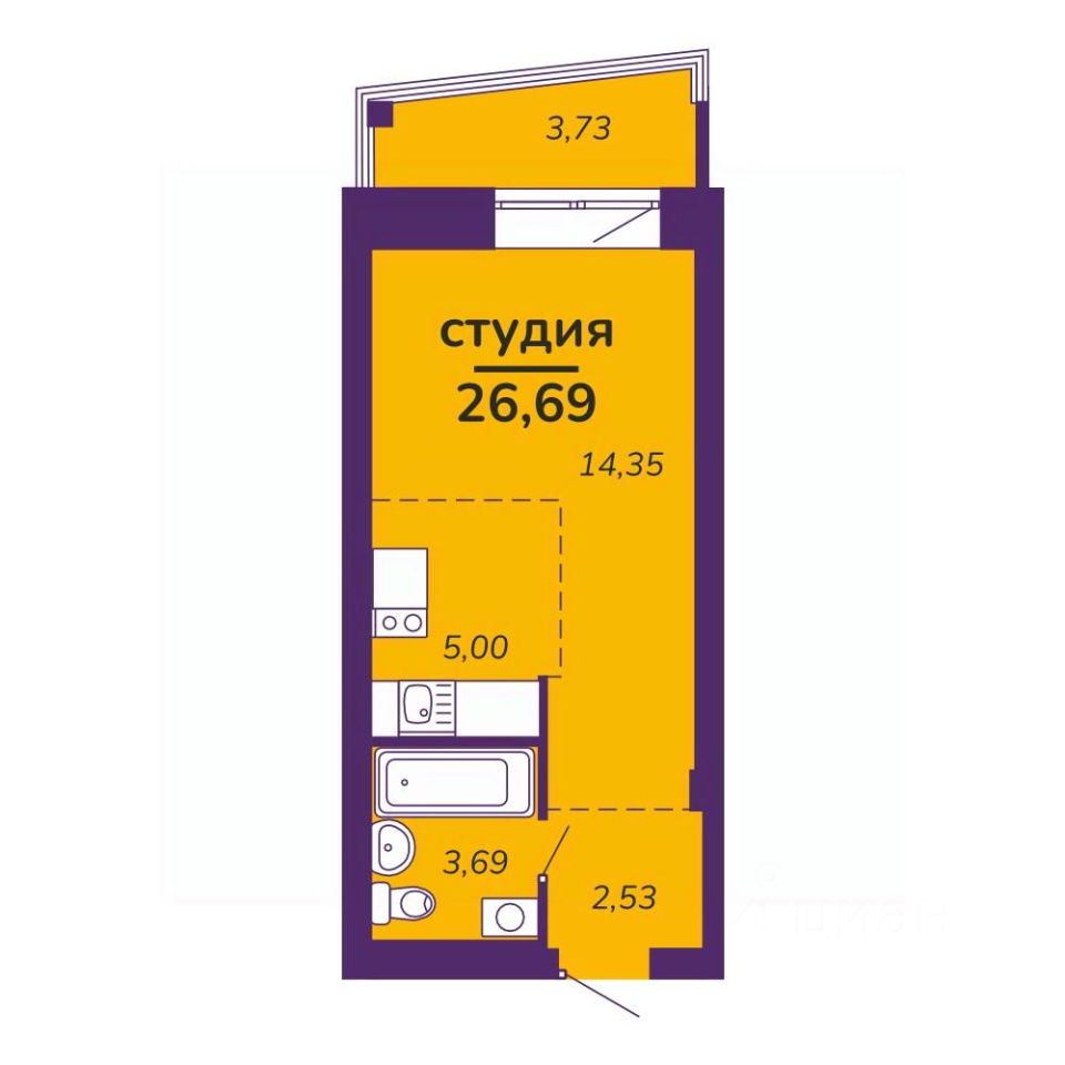 Студия, 26,7 м², 4/9 этаж