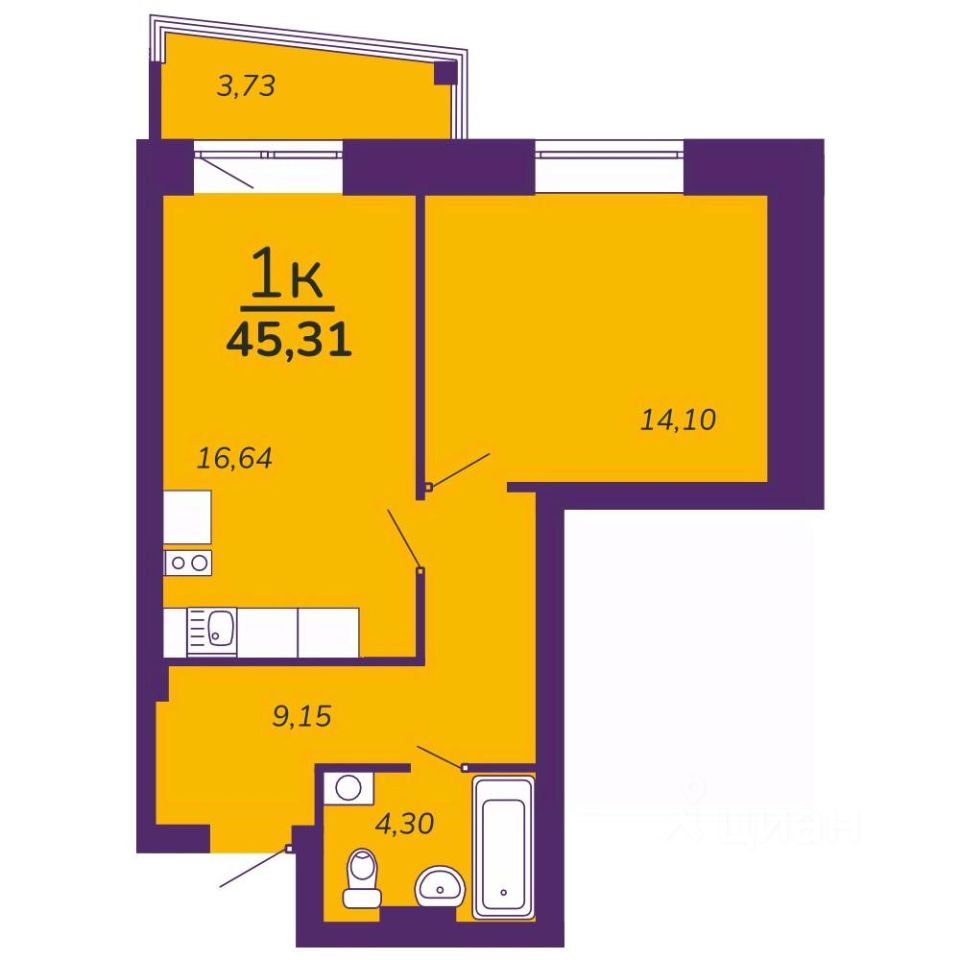 1-комн.кв., 45,3 м², 8/9 этаж