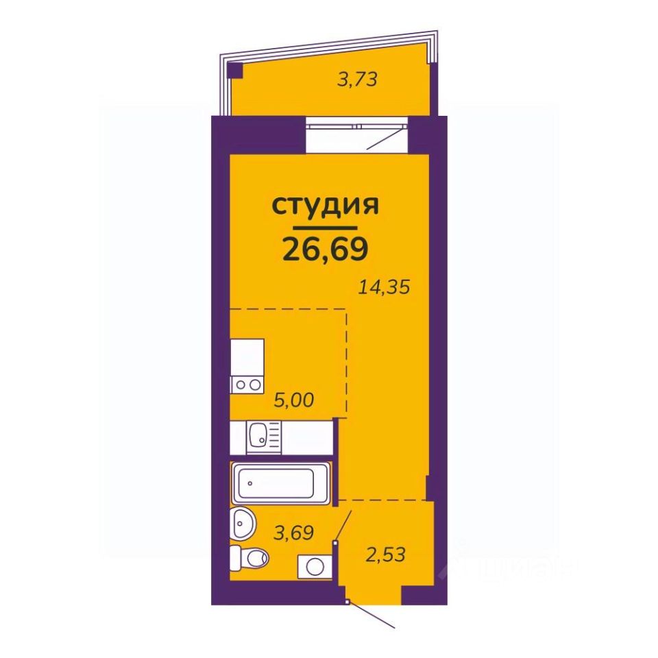 Студия, 26,7 м², 9/9 этаж