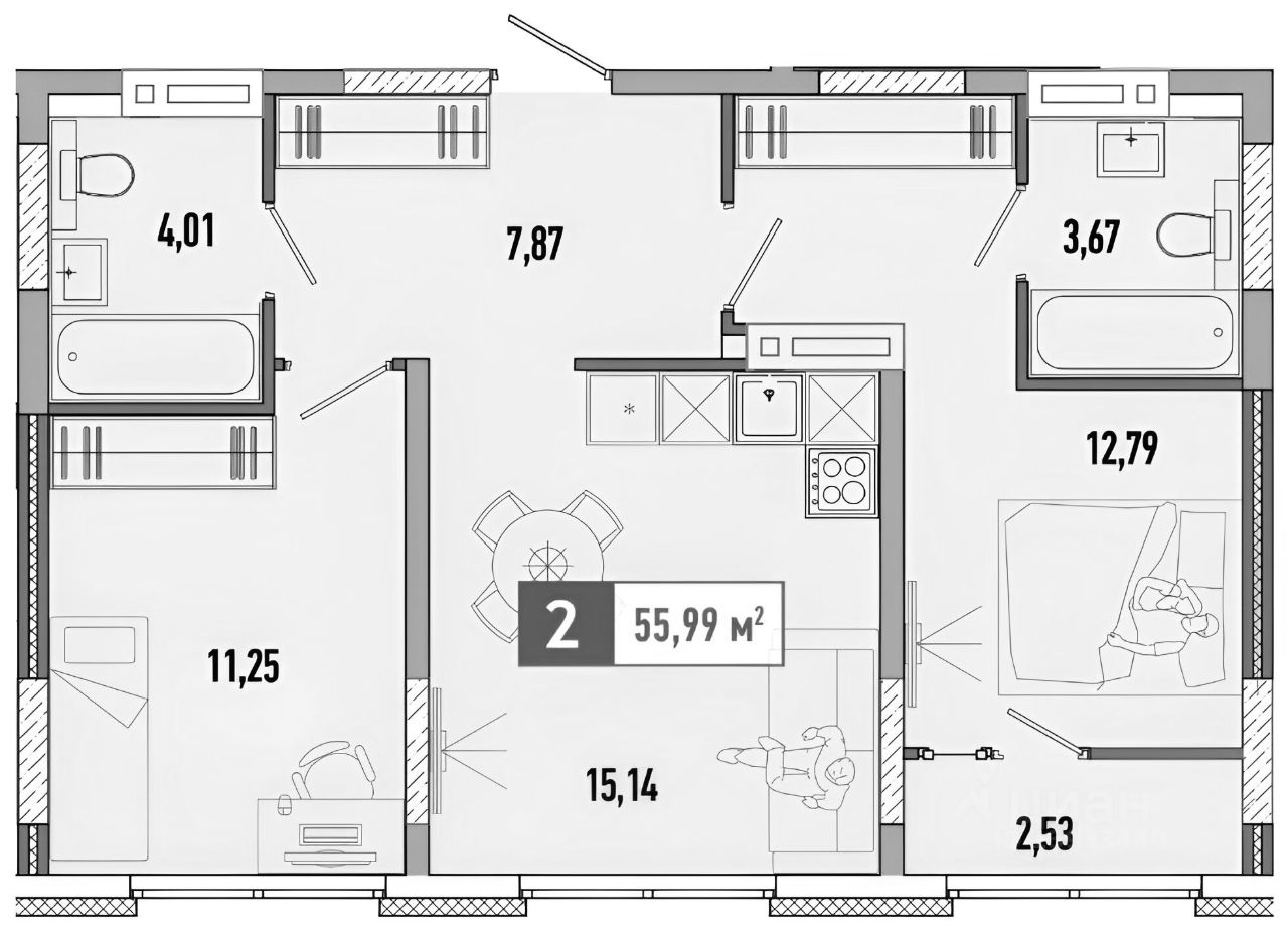 Планировка этой квартиры по данным Циан