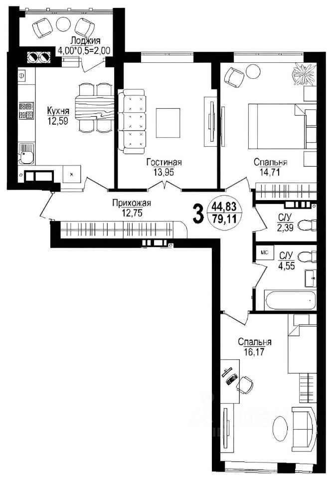 Планировка этой квартиры по данным Циан