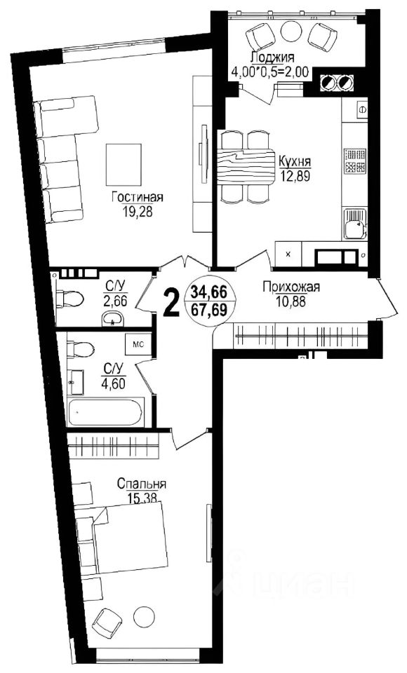 Планировка этой квартиры по данным Циан
