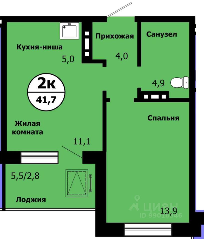 2-комн.кв., 40,9 м², 8/19 этаж
