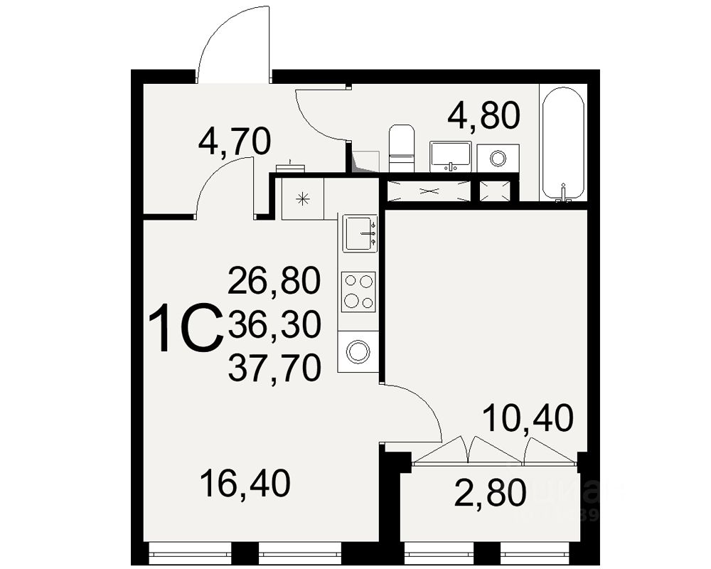 1-комн.кв., 37,7 м², 2/16 этаж