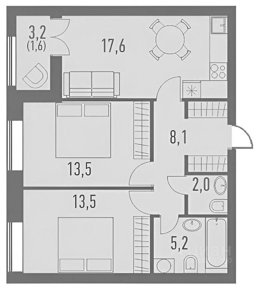 Планировка этой квартиры по данным Циан
