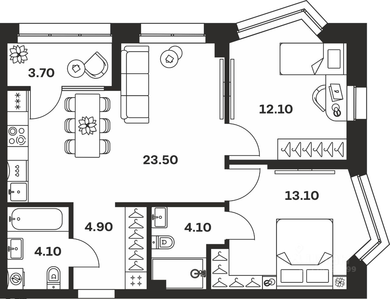 2-комн.кв., 65,5 м², 3/24 этаж