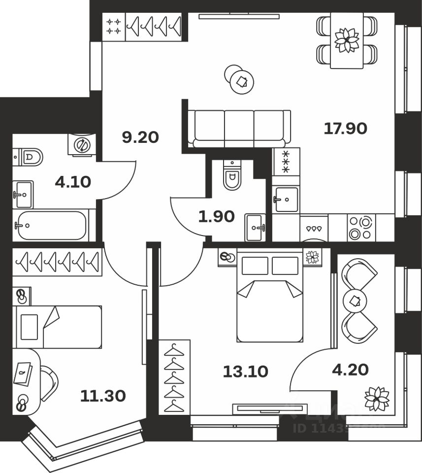 2-комн.кв., 61,7 м², 3/24 этаж