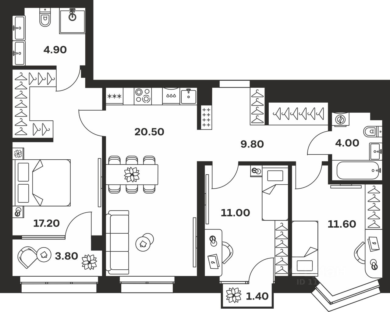 3-комн.кв., 84,2 м², 12/24 этаж