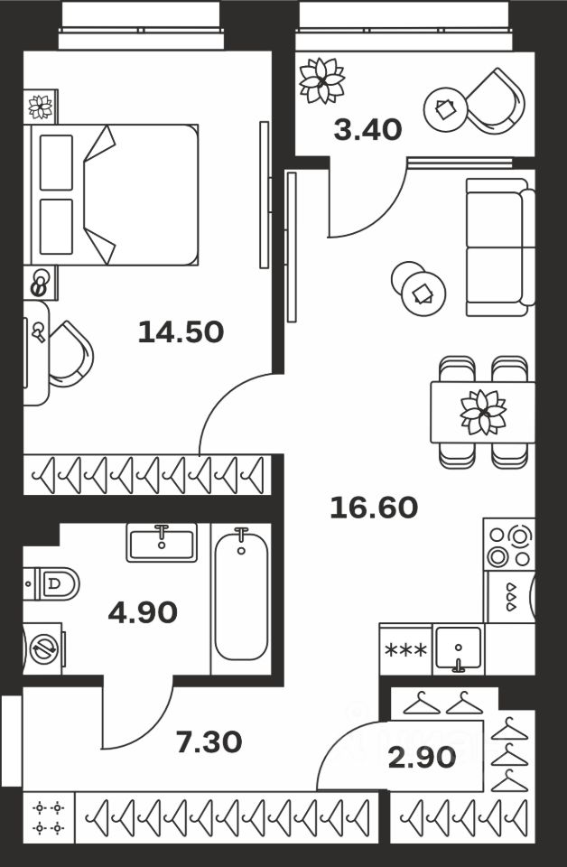 1-комн.кв., 49,6 м², 15/24 этаж