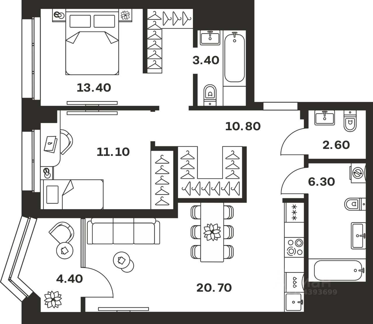 2-комн.кв., 72,7 м², 7/24 этаж