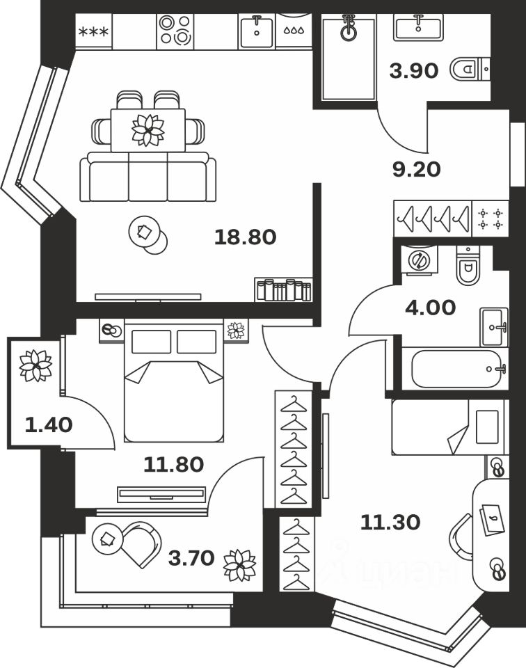 2-комн.кв., 64,1 м², 8/24 этаж