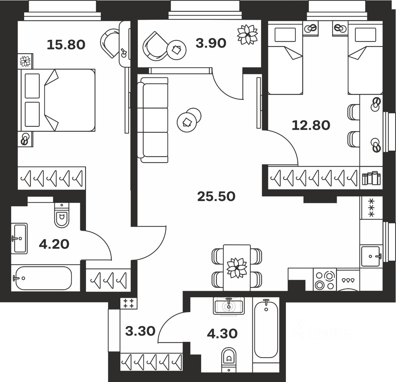 2-комн.кв., 69,8 м², 21/24 этаж