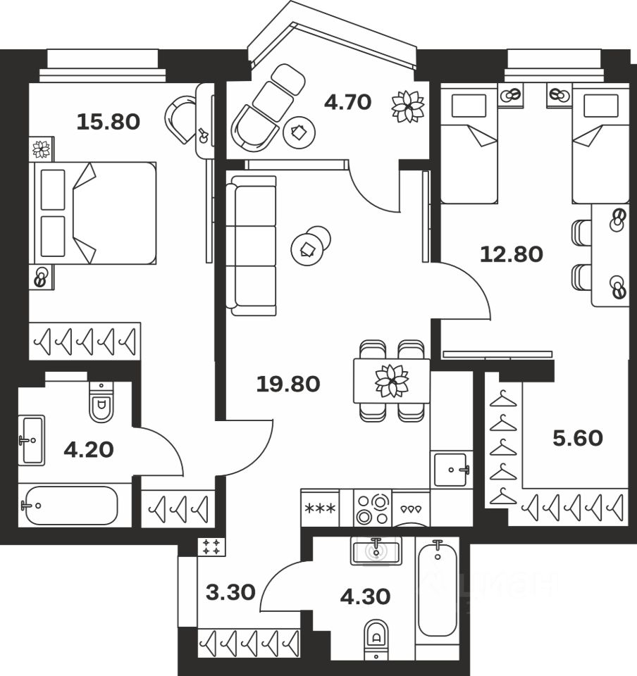 2-комн.кв., 70,5 м², 8/24 этаж