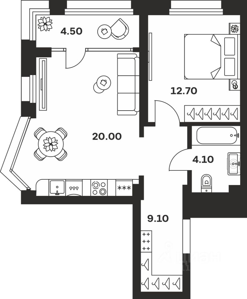 1-комн.кв., 50,4 м², 15/24 этаж