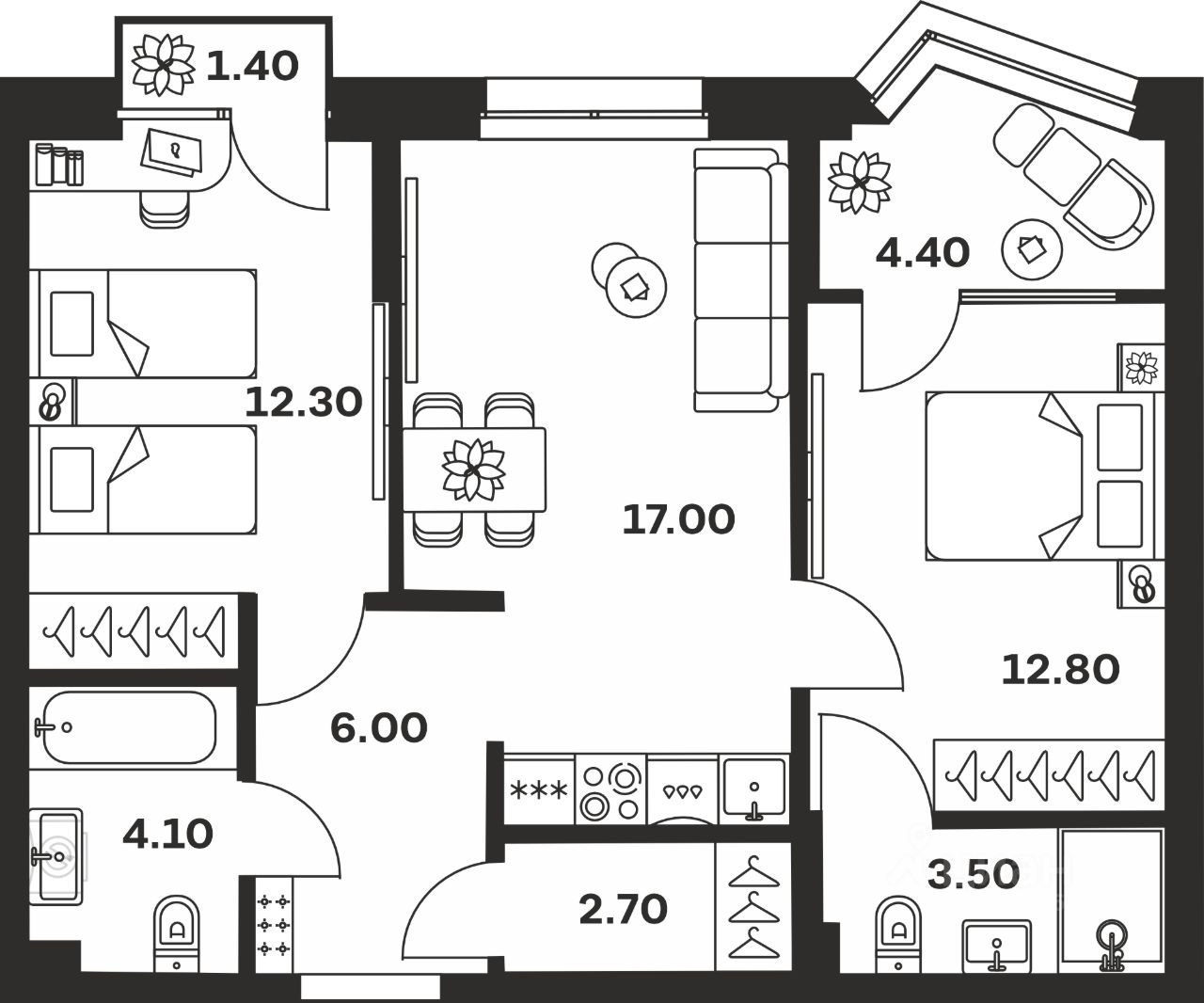 2-комн.кв., 64,2 м², 8/24 этаж