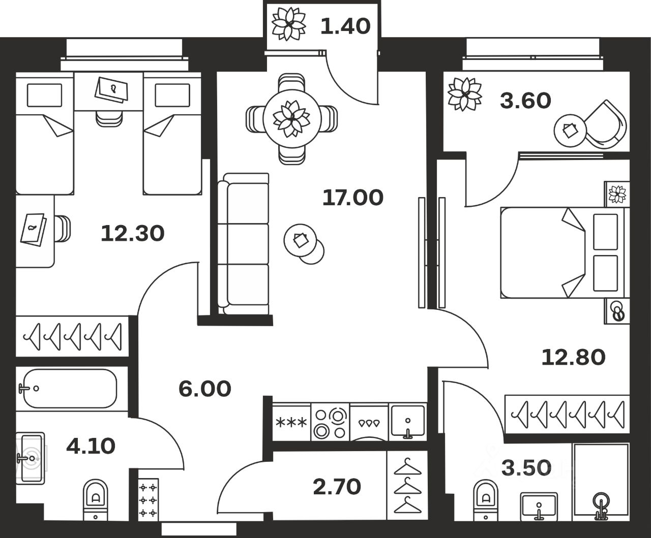 2-комн.кв., 63,4 м², 10/24 этаж