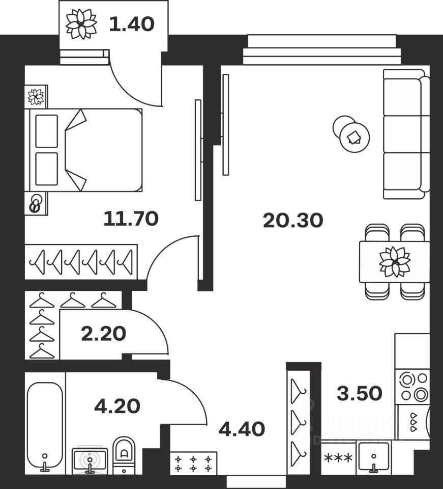 1-комн.кв., 47,7 м², 6/24 этаж