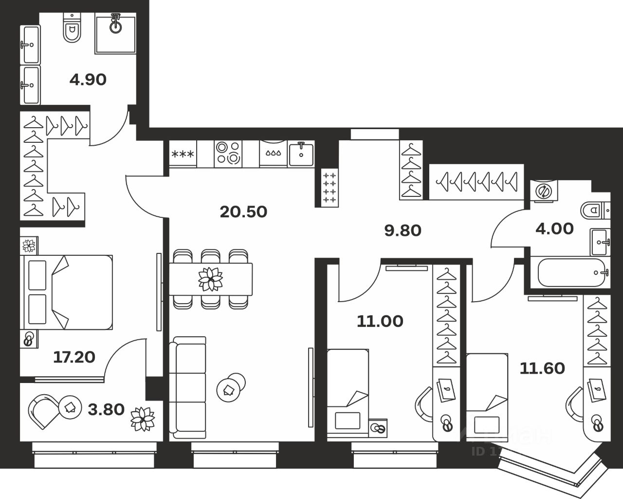 3-комн.кв., 82,8 м², 7/24 этаж