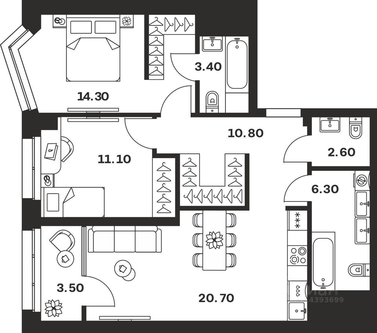 2-комн.кв., 72,7 м², 13/24 этаж