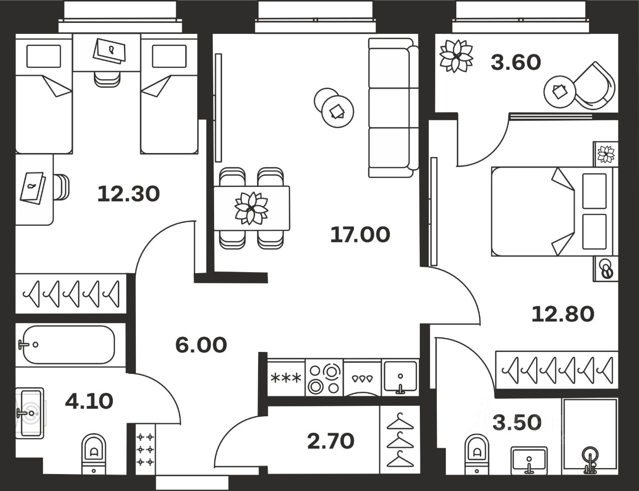 2-комн.кв., 62 м², 2/24 этаж