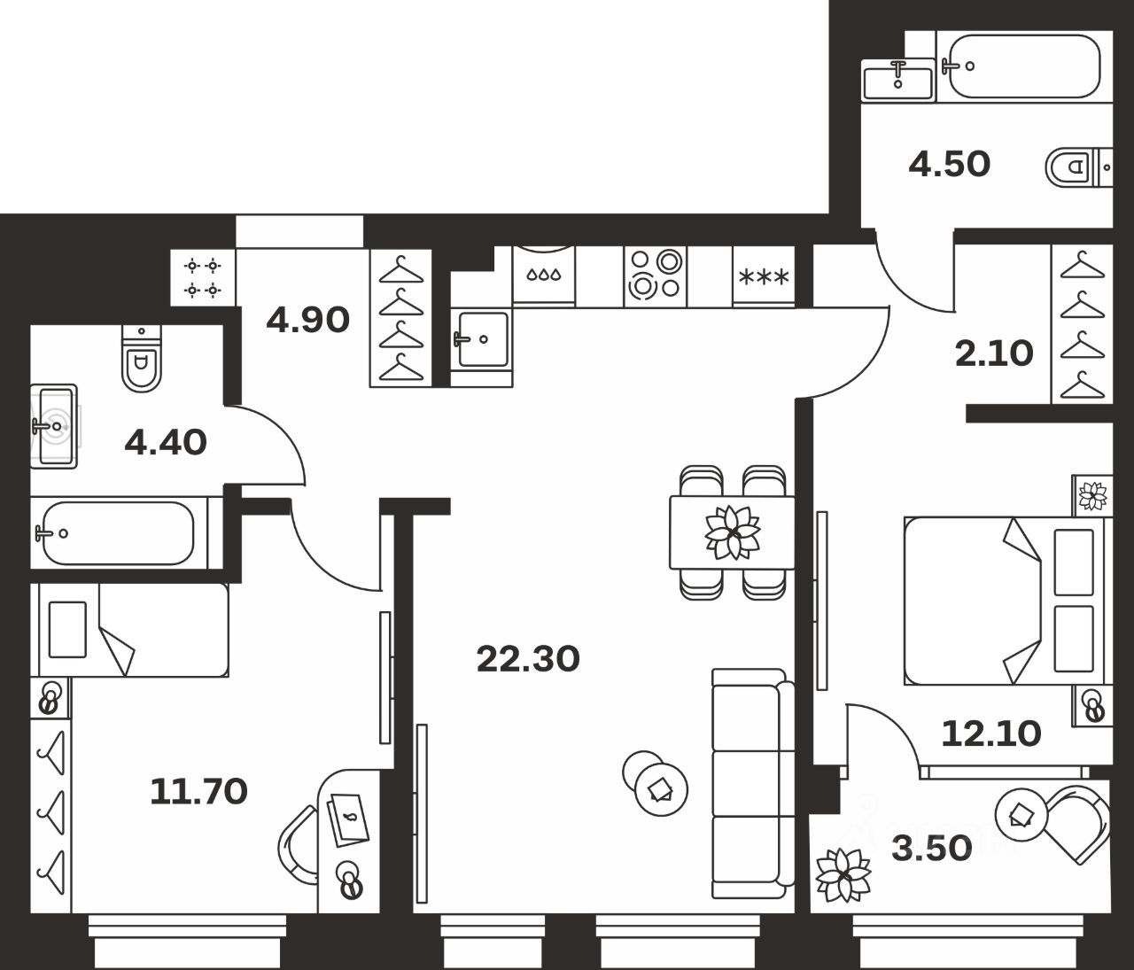 2-комн.кв., 65,5 м², 2/24 этаж