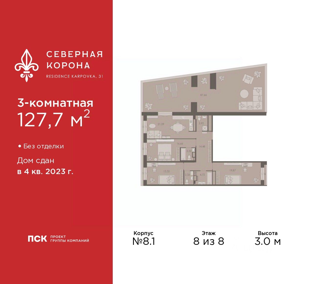 3-комн.кв., 127,7 м², 8/8 этаж