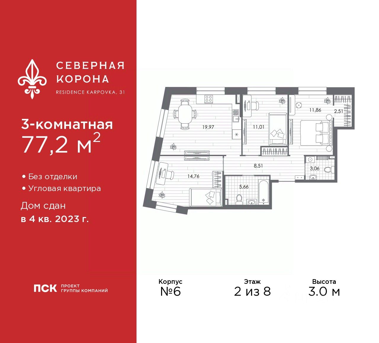 3-комн.кв., 77,2 м², 2/8 этаж