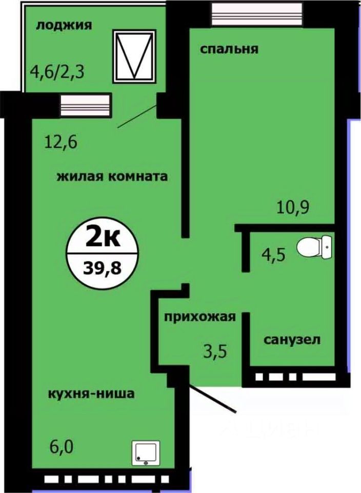2-комн.кв., 39,2 м², 14/19 этаж