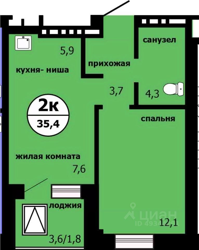 2-комн.кв., 34,8 м², 2/19 этаж