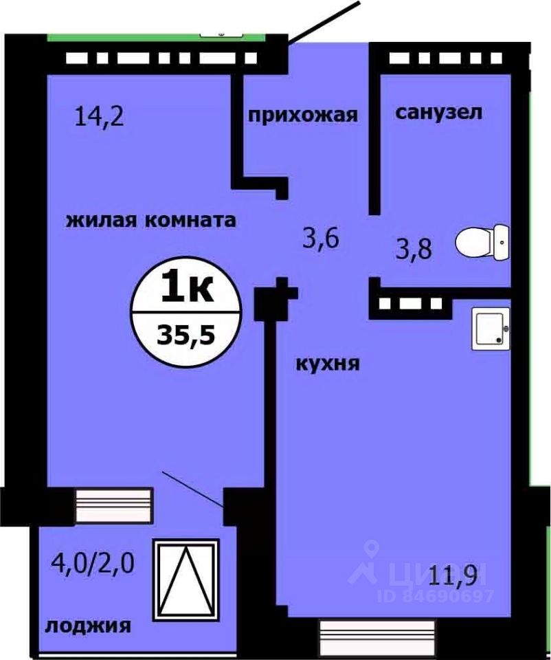 1-комн.кв., 35,5 м², 11/19 этаж