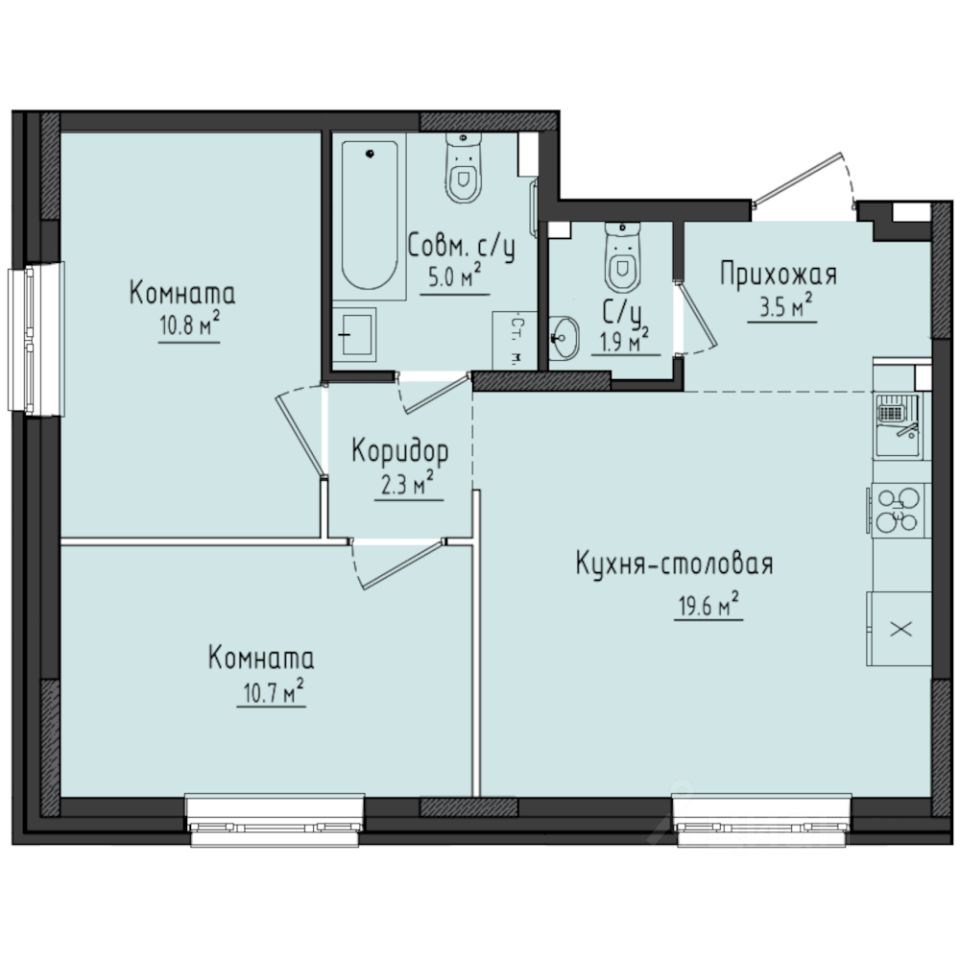 2-комн.кв., 53,6 м², 1/10 этаж