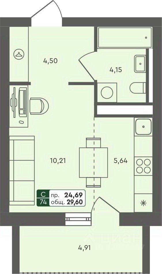 Студия, 29,6 м², 4/7 этаж