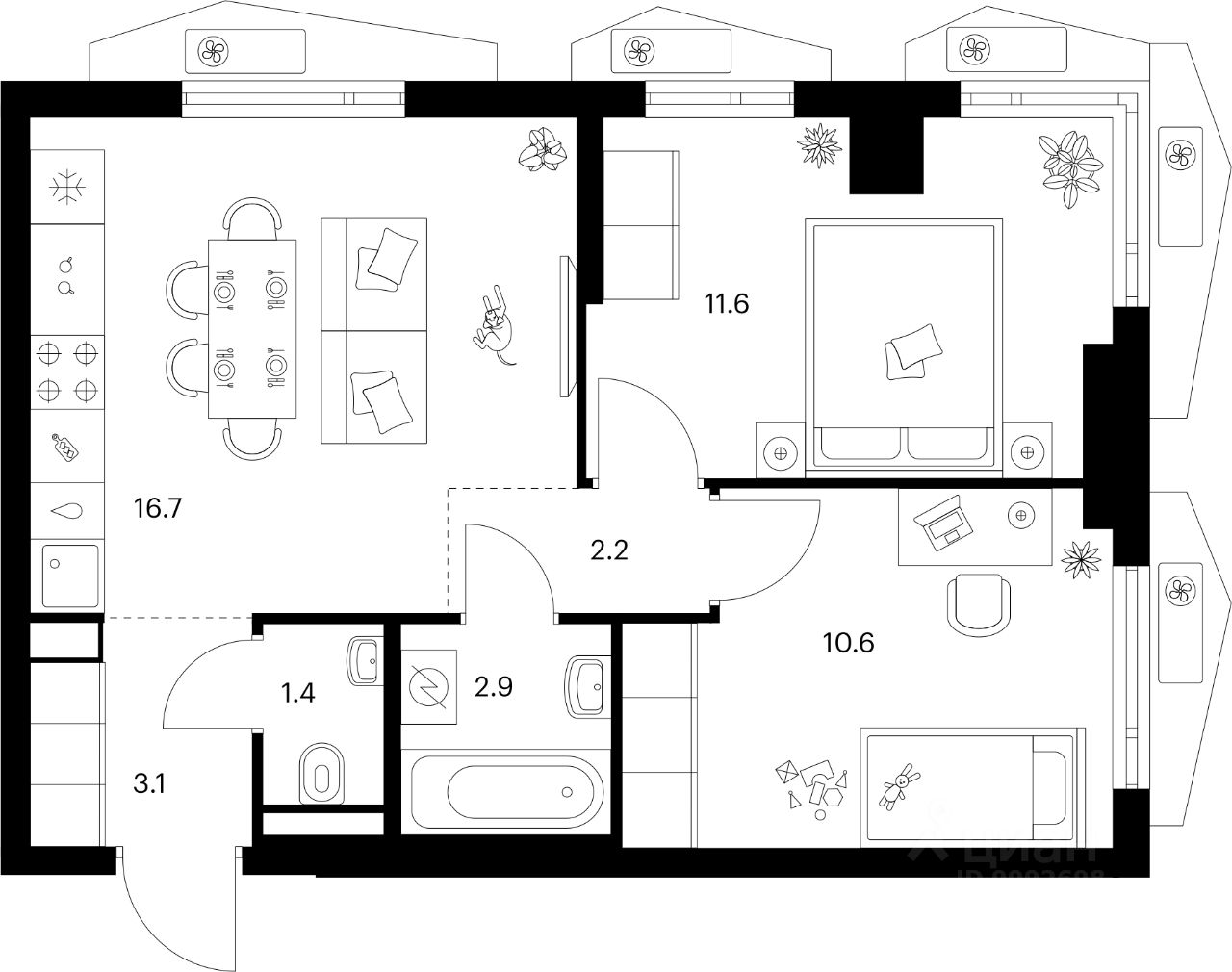 2-комн.кв., 48,5 м², 19/23 этаж