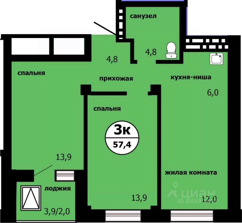 3-комн.кв., 56 м², 2/19 этаж