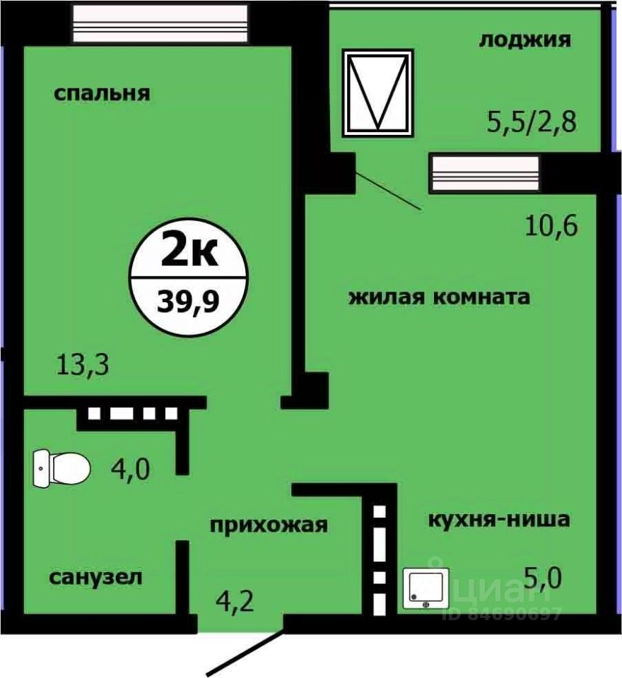 2-комн.кв., 39,5 м², 5/19 этаж