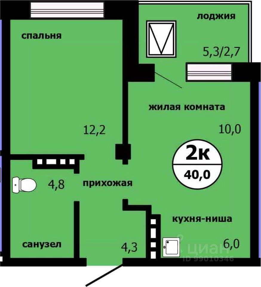 2-комн.кв., 39,7 м², 2/19 этаж