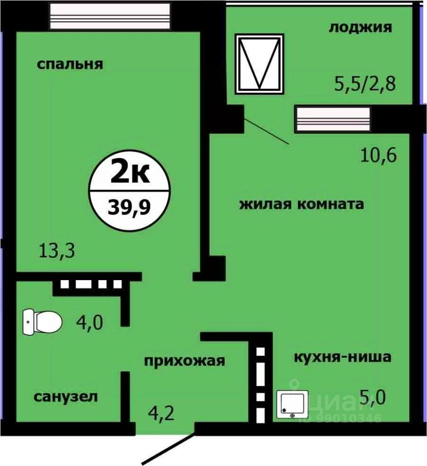2-комн.кв., 39,5 м², 5/19 этаж