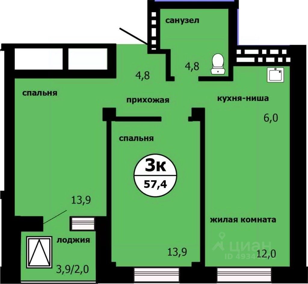 3-комн.кв., 56,1 м², 14/19 этаж