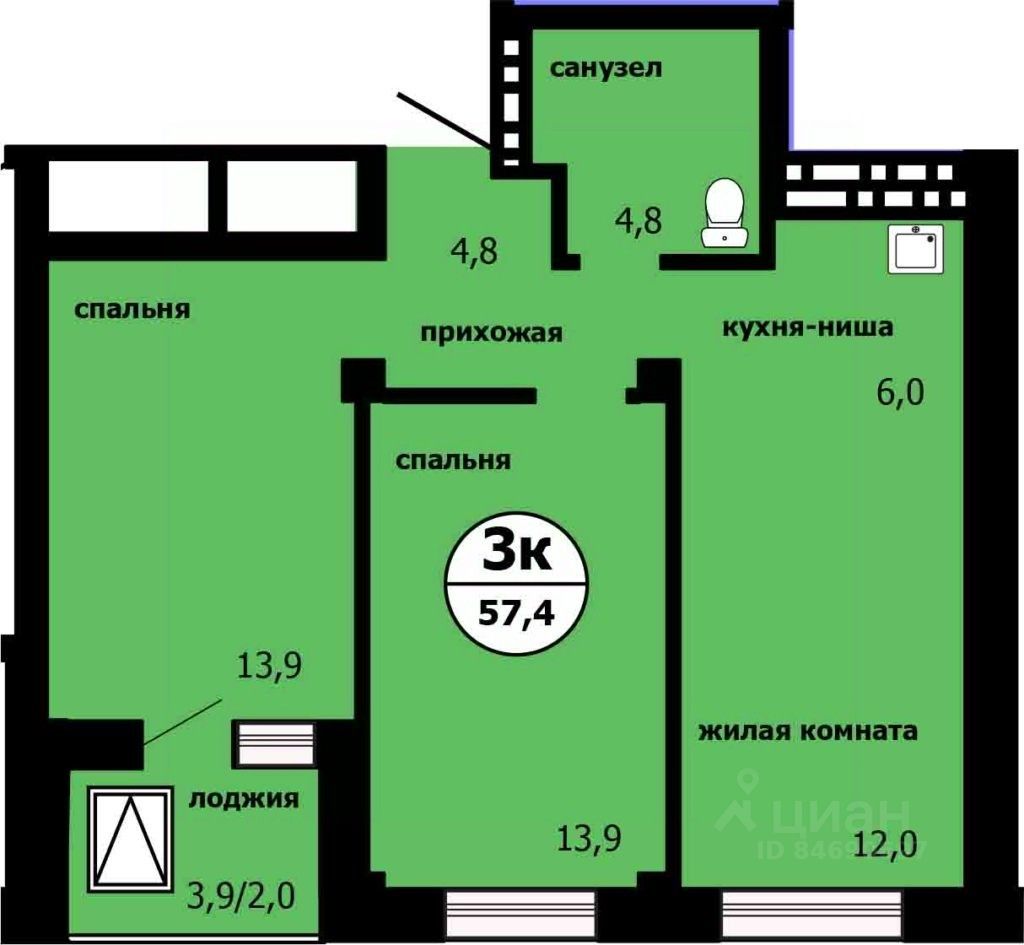 3-комн.кв., 56,1 м², 14/19 этаж