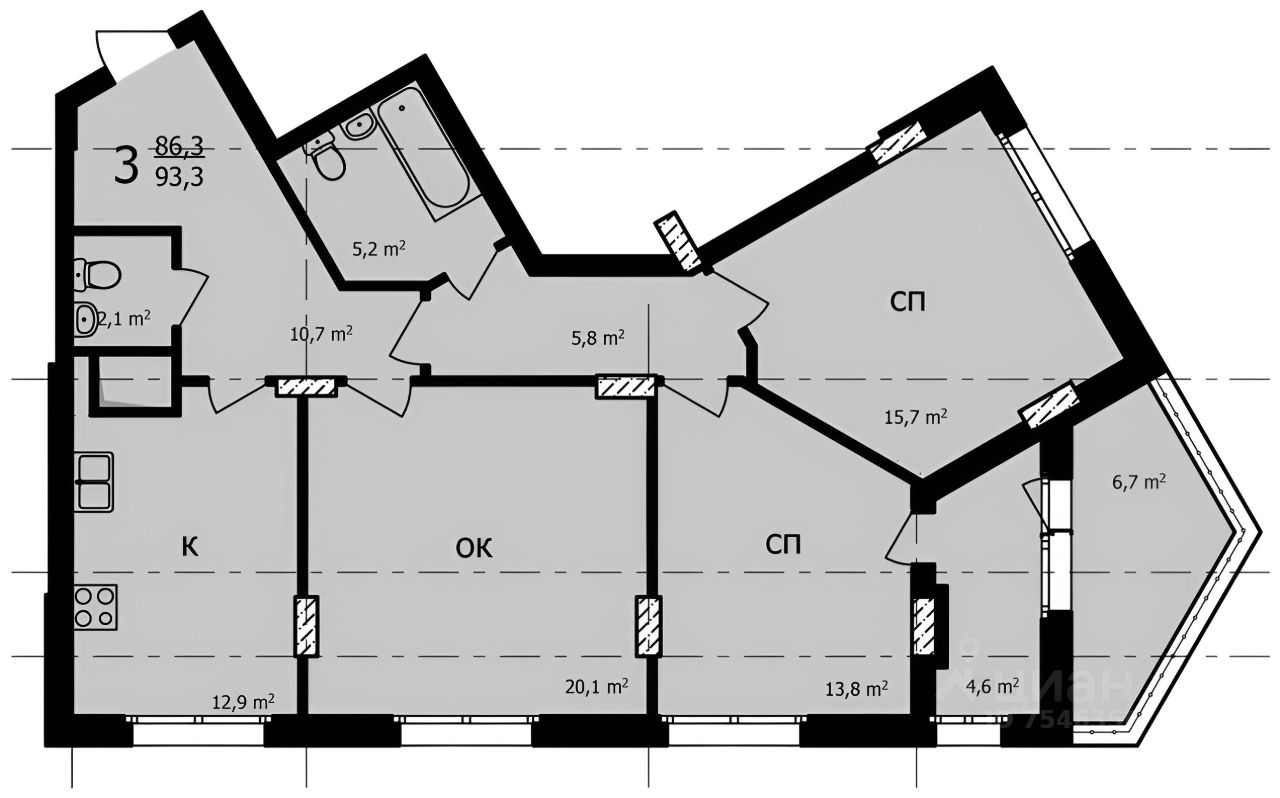 Планировка этой квартиры по данным Циан