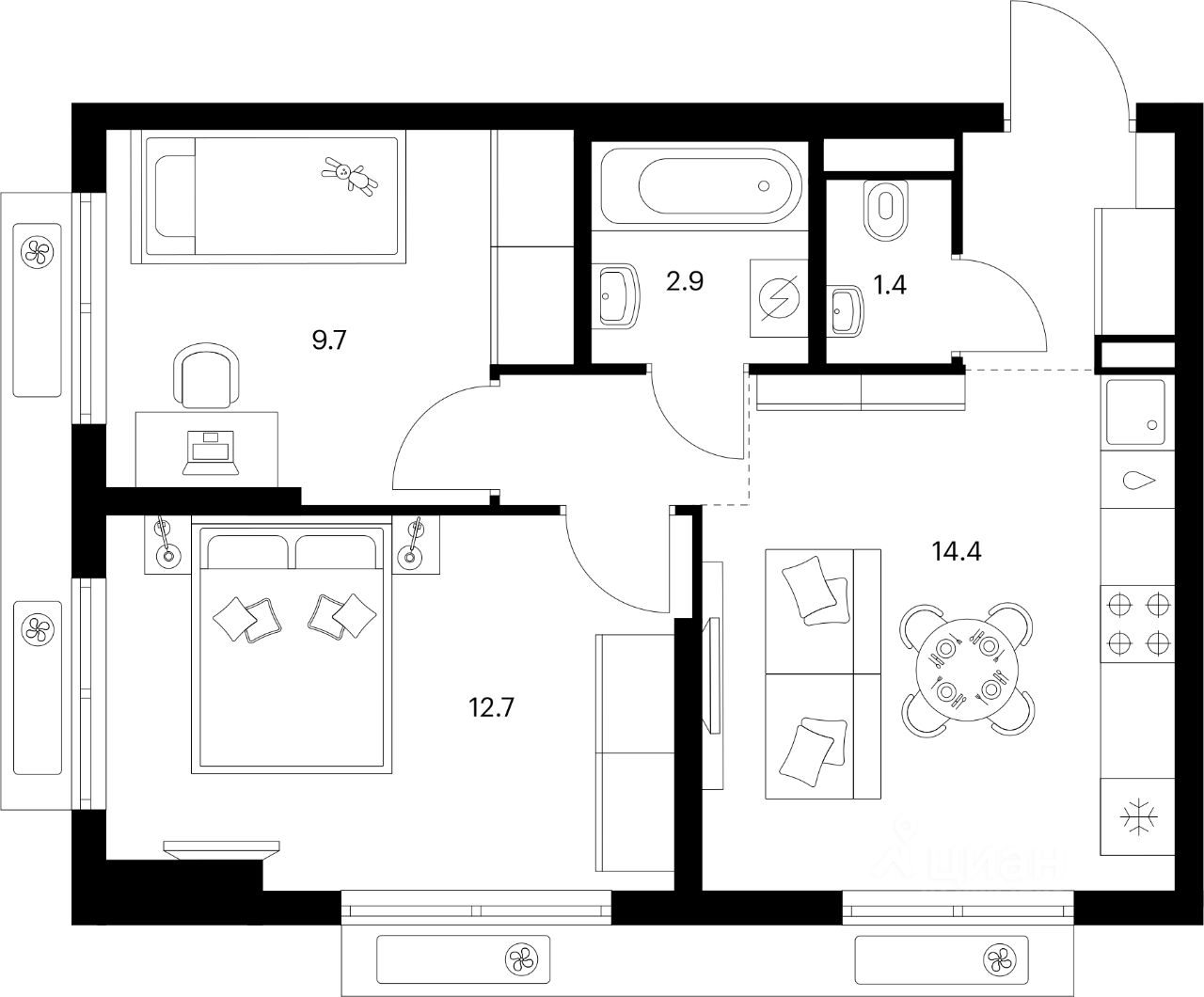 2-комн.кв., 45,9 м², 6/24 этаж